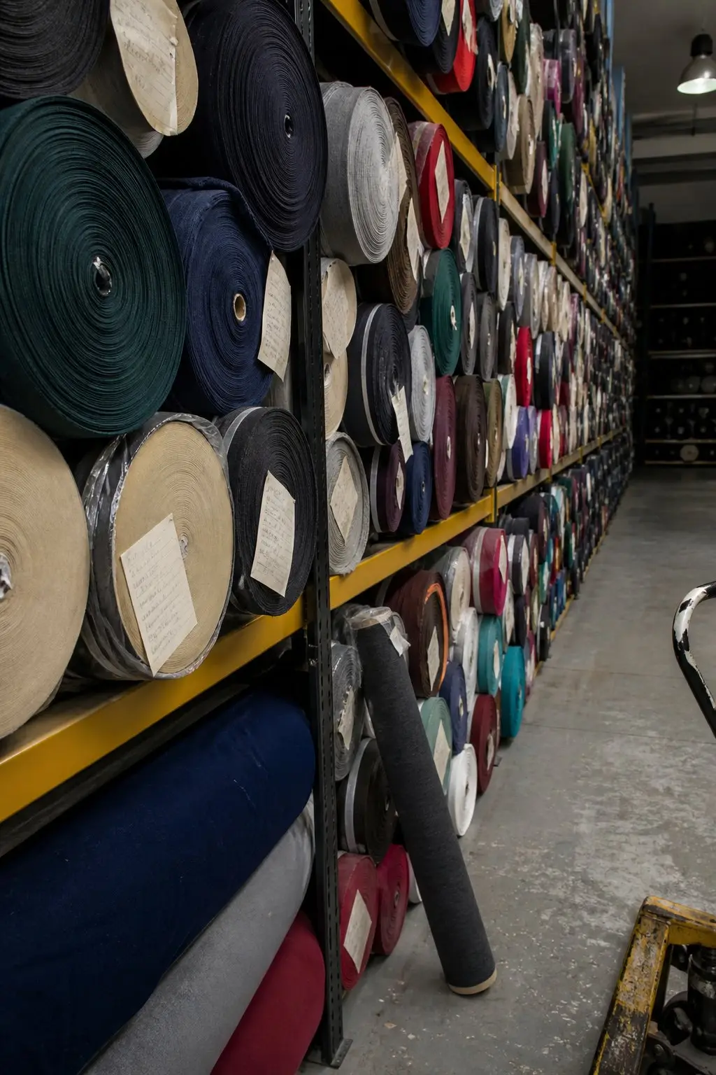 Wholesale fabric supplier warehouse, racked fabric rolls in stock shades
