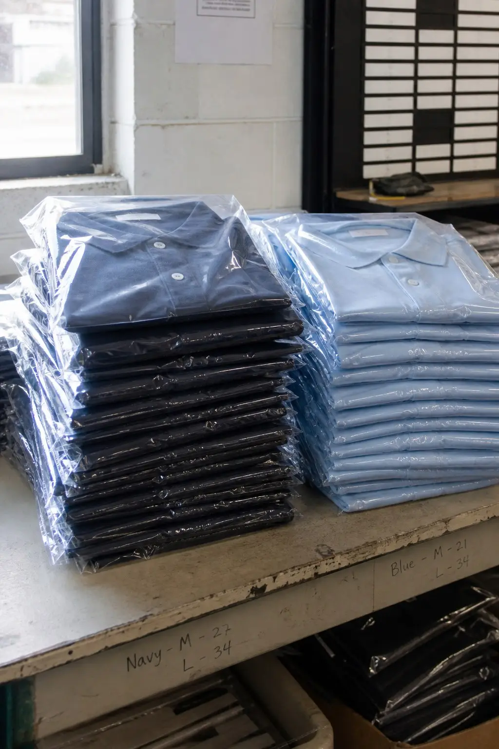 Custom uniform polo shirts polybagged and packed by size for bulk export